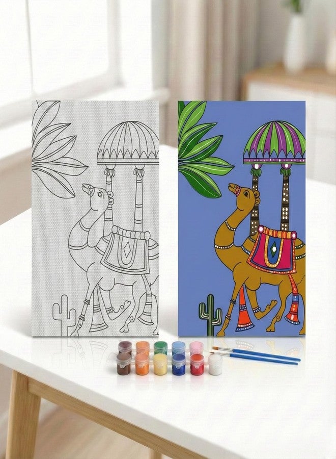 HOBBY INDIA مجموعة لوحة الرسم على القماش من هوبي إنديا للأطفال والكبار | هدية فنية وحرفية للأولاد والبنات | تصميمات فنية هندية يدوية الصنع جاهزة | ديكور للمنزل، غرفة النوم، غرفة المعيشة والمكتب (12 × 9 بوصة) (لون الجمل) - Image 1